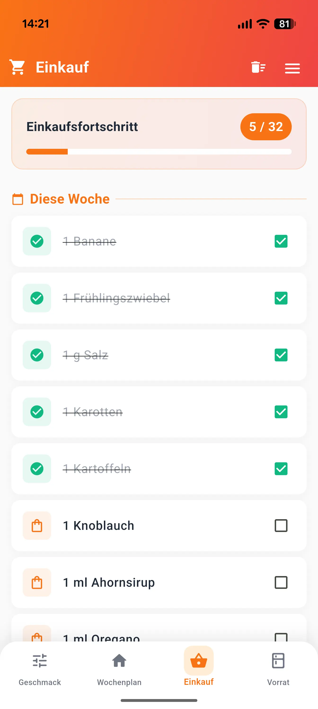 Automatische Einkaufsliste mit allen Zutaten