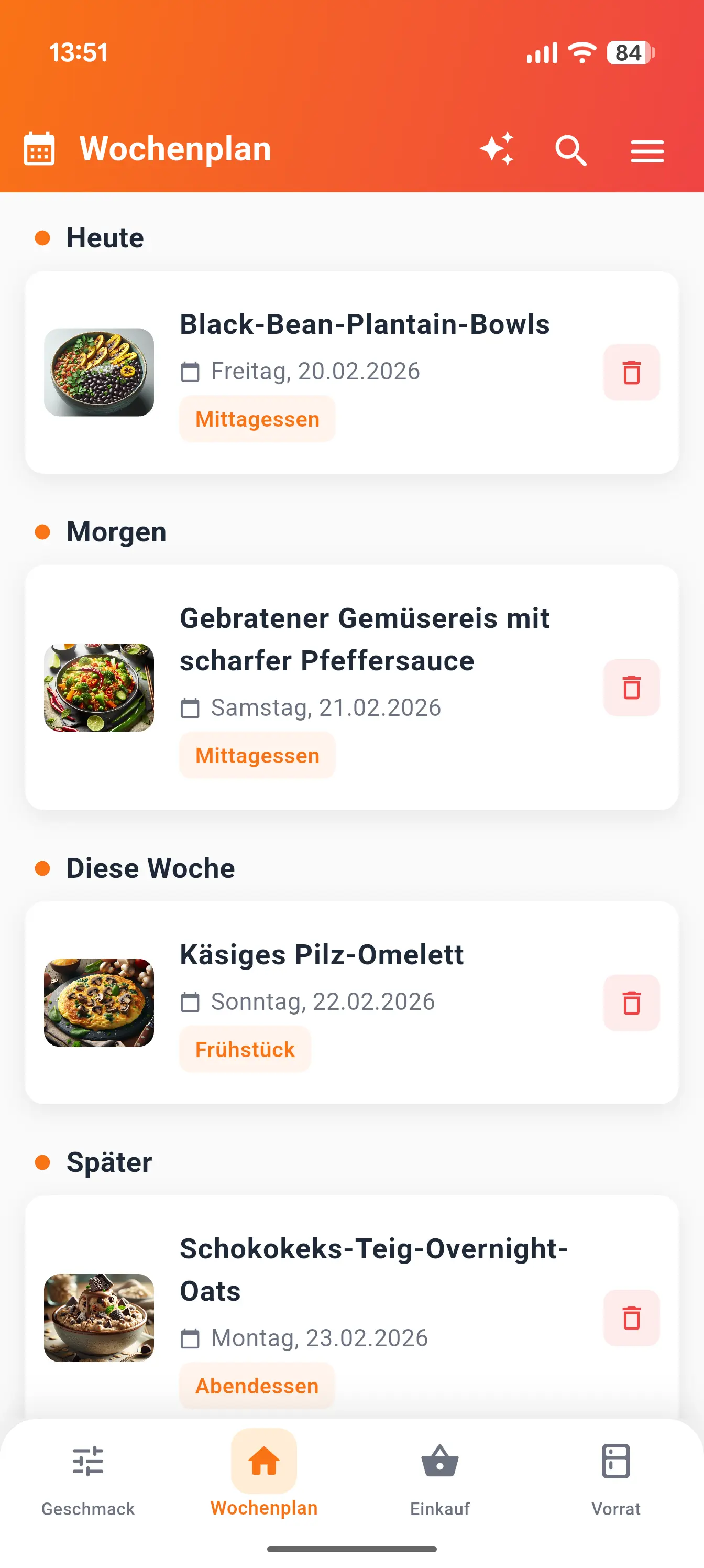 Gusto Wochenplan - Frühstück, Mittag und Abendessen planen